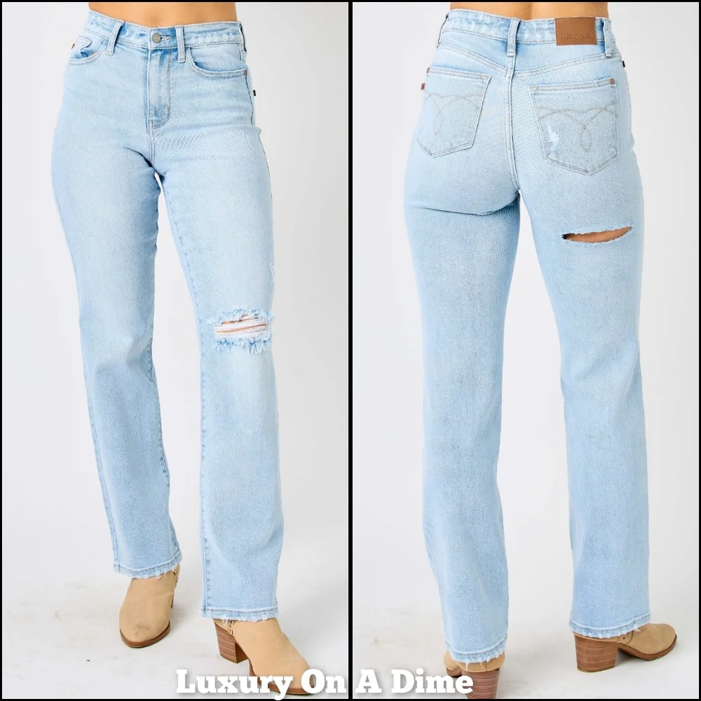Judy Blue High-Rise Waist Distressed Torn Denim Ripped Straight Leg Jean Pants